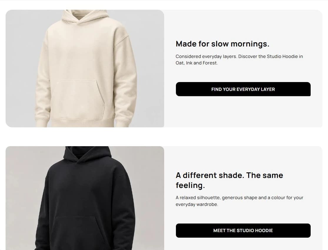 The Ecomfella premium editorial direction on desktop, an apparel storefront with large campaign imagery and a restrained product grid.
