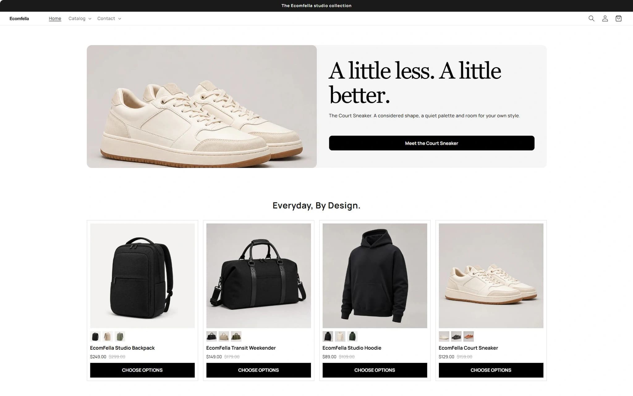 Ecomfella Court storefront direction, shown as an example of a paid-theme design option, not as a Dawn screenshot.