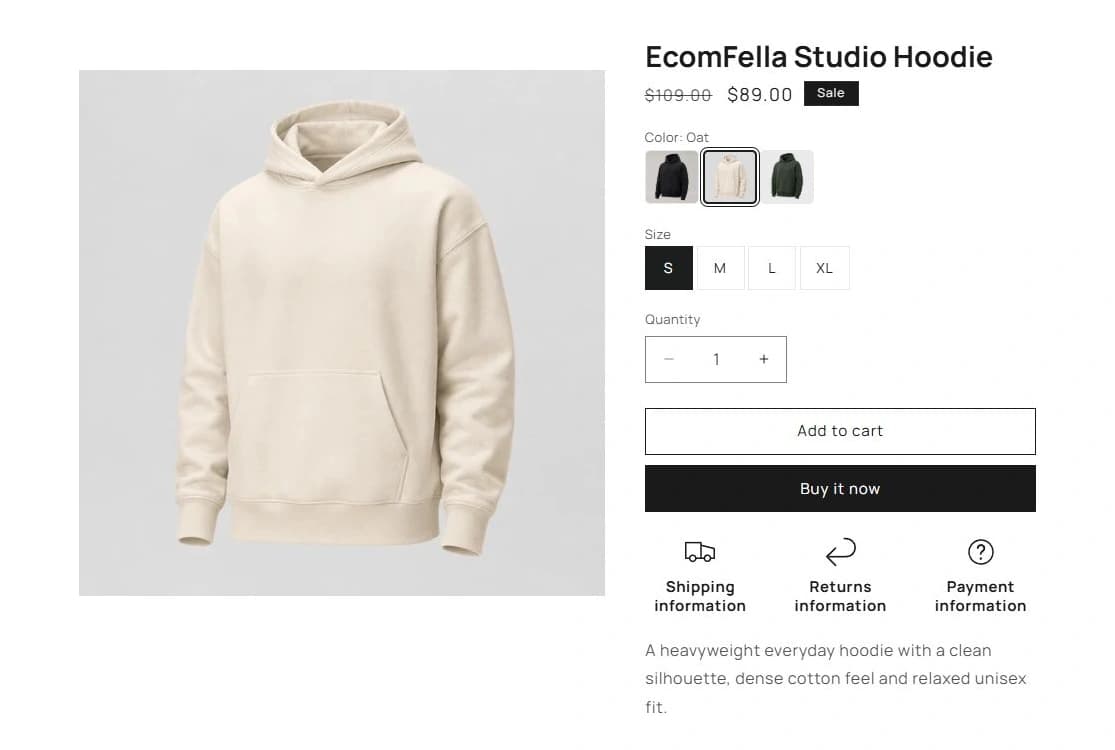 An Ecomfella backpack product page with product media and a structured buying area.