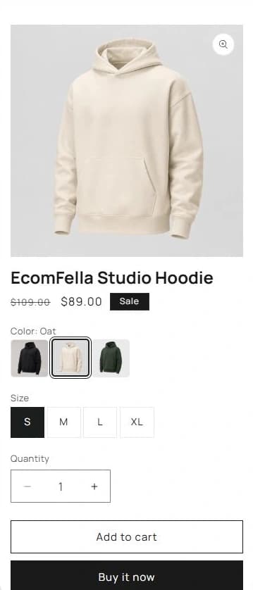 Ecomfella product section on mobile.
