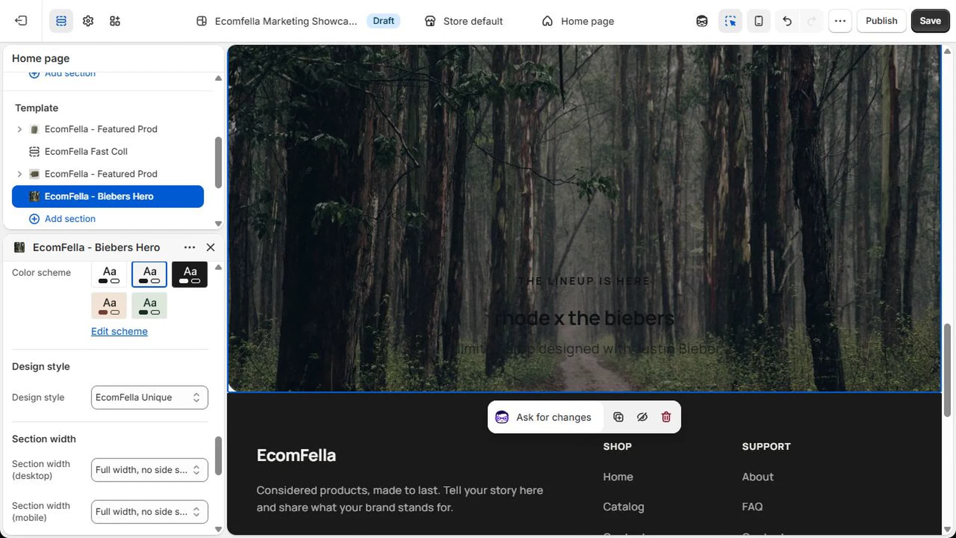 The real Ecomfella Biebers Hero settings beside its live Shopify preview.