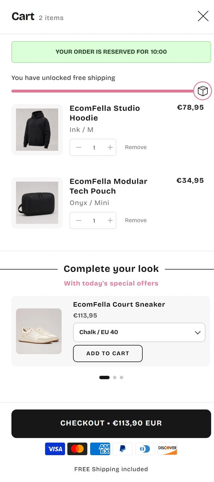 An Ecomfella cart drawer with product rows, quantity controls and a checkout action.