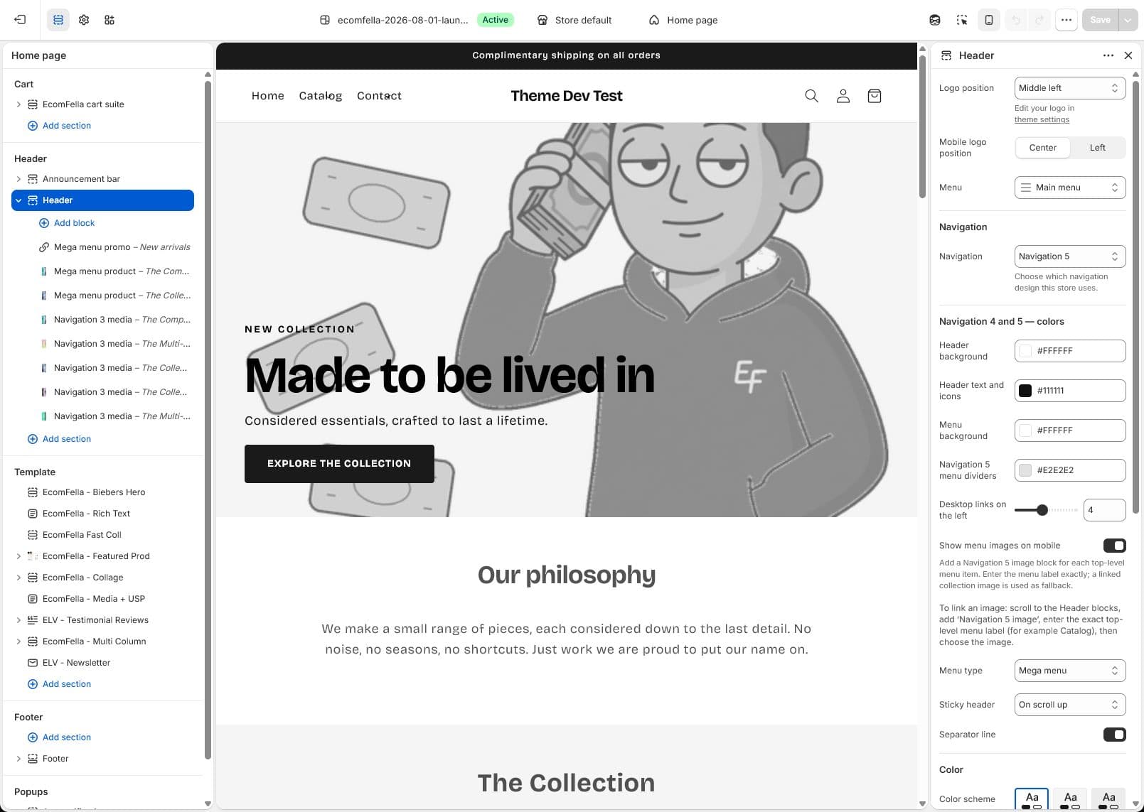 The real Ecomfella theme inside Shopify Theme Editor.