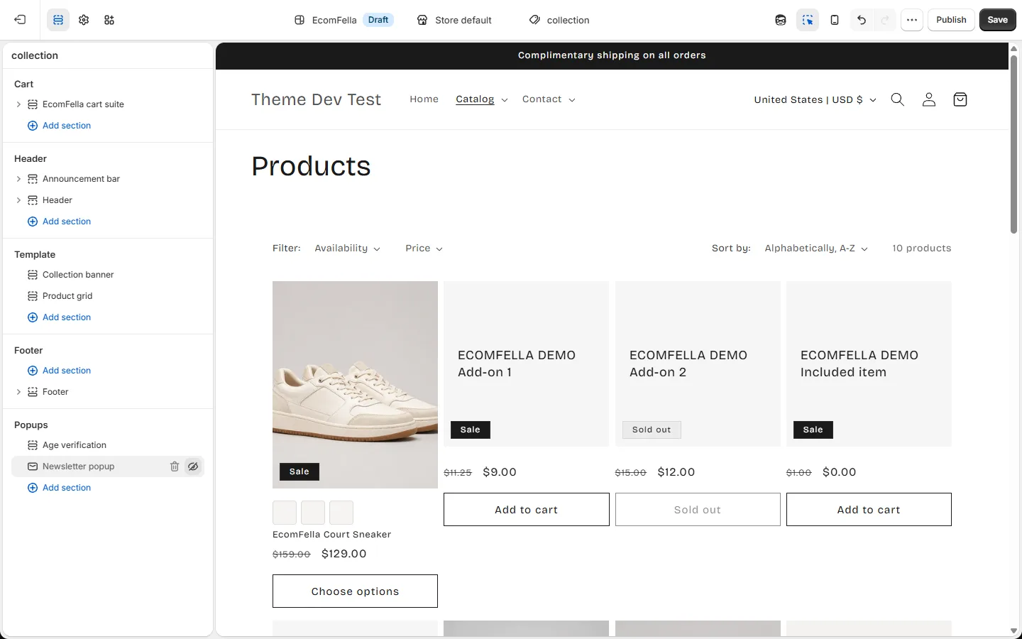 The real Shopify Theme Editor open on an Ecomfella storefront, the editing workflow a small team uses every week.