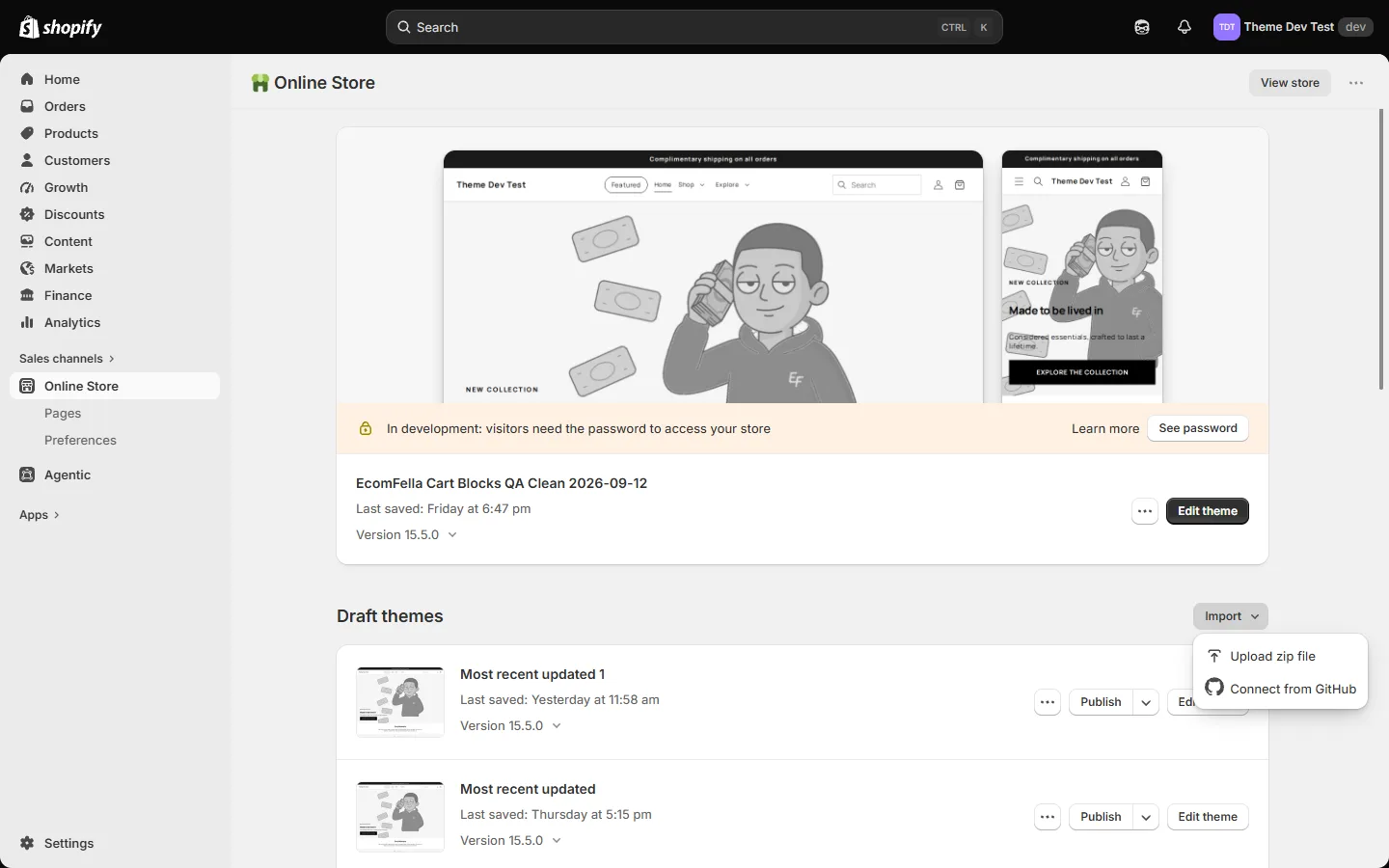 The Shopify admin theme library where a free theme is added and a purchased theme ZIP is uploaded as an unpublished theme.