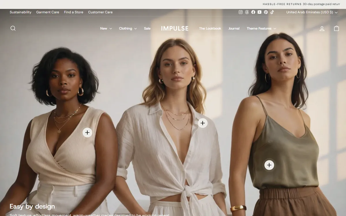 The public Impulse demo store on desktop, captured on the day the theme was counted for this comparison.
