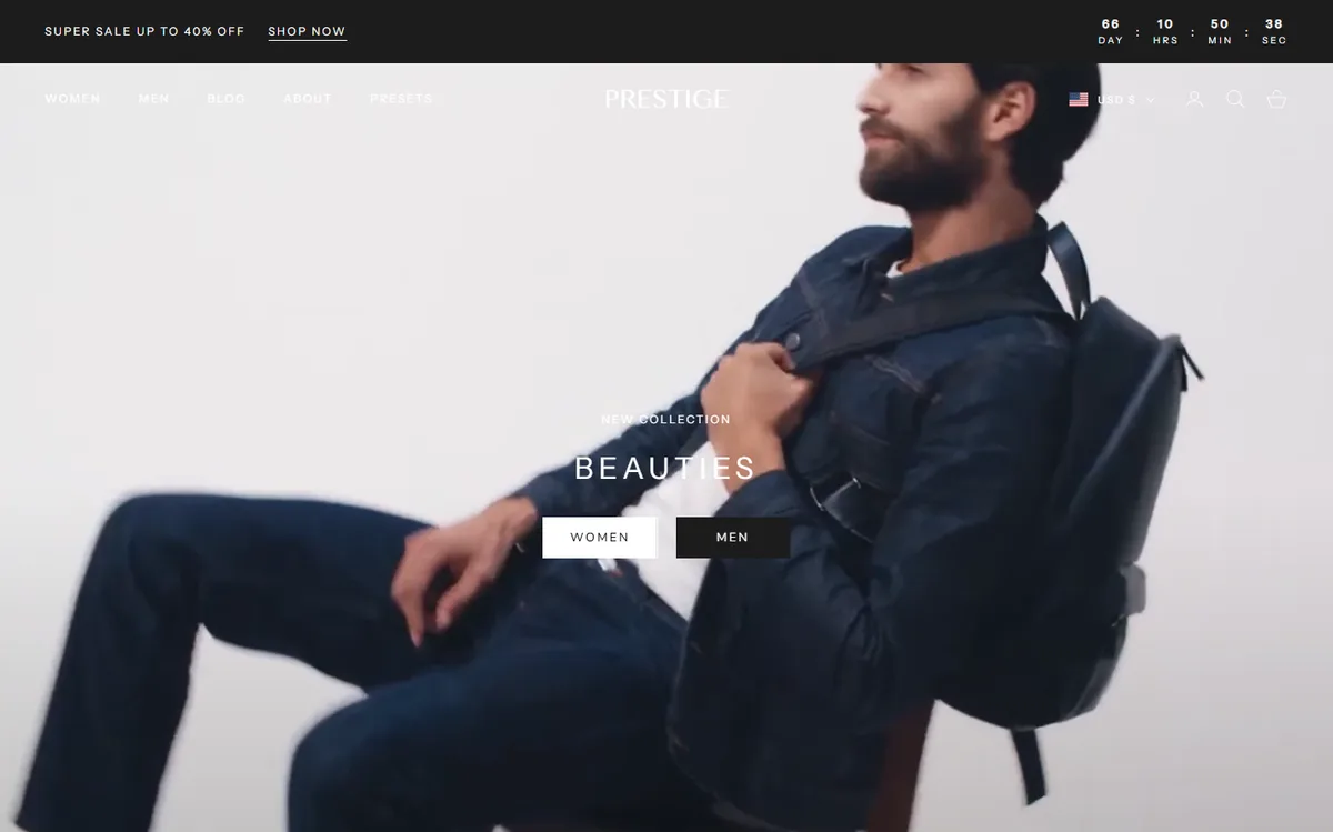 The public Prestige demo store on desktop, captured on the day both themes were counted for this comparison.