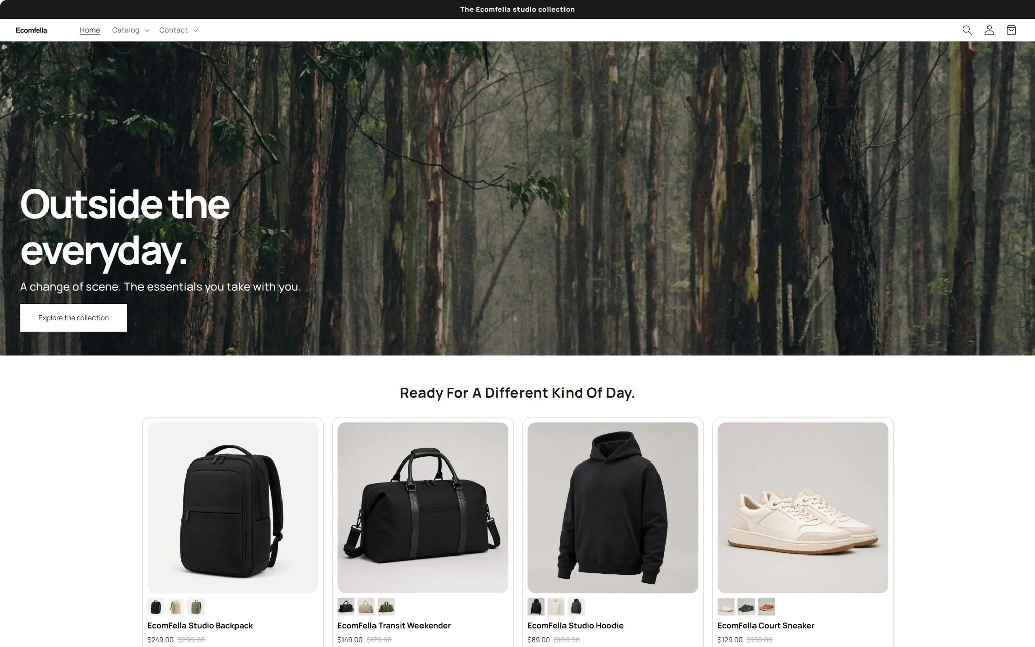 Ecomfella outdoor storefront shown inside a complete desktop browser frame.