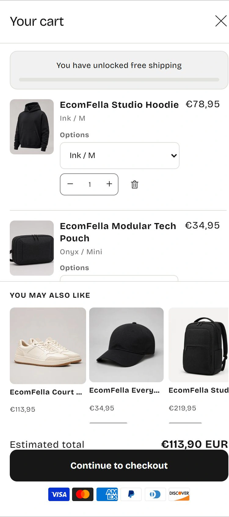 Essential cart layout from the Ecomfella Shopify theme showing two products, recommendations, and checkout.
